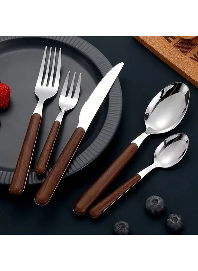 5pcs Stainless Steel Gold Plated Wood Grain Steak Knife Fork Spoon Set - Image 1
